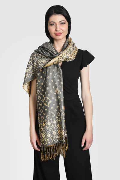 Mystic Antrasit Ve Gold Rengi Geleneksel Desenli Paşmina Şal