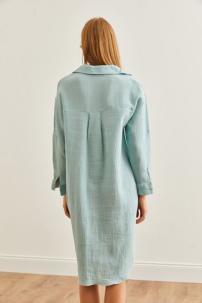 Olalook Wassergrünes Musselin-Hemdkleid - ovaler Seitenschlitz, ELB- 19002243