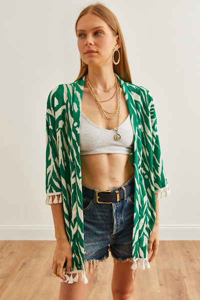 Olalook Zebra Green Tasseled Women's Kimono - Loose Knitted KMN- 00000056