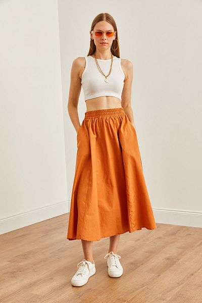Olalook Cinnamon Colored Midi Women's Skirt with Pockets - Elastic Waist ETK- 19000271