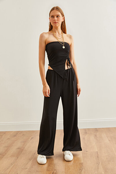 Olalook Black Asymmetrical Strapless Blouse and Palazzo Pants Set - TKM- 19000299