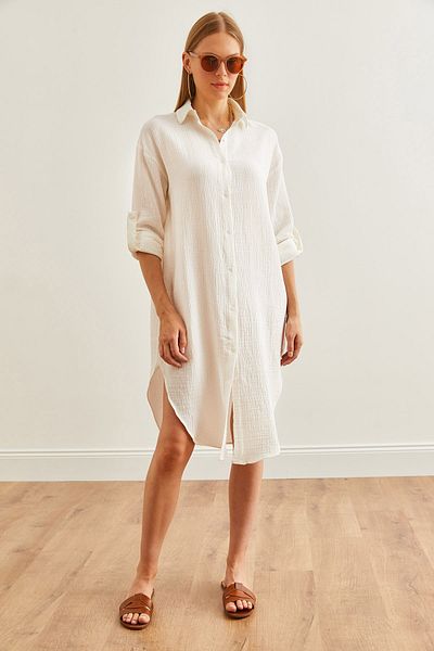 Olalook Weißes Musselin-Hemdkleid - ovaler Schlitz, ELB- 19002243