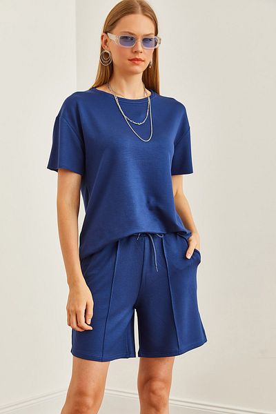 Olalook Navy Blue Women's T-Shirt and Shorts Set - Oval Cut, Pocketed TKM- 19000303