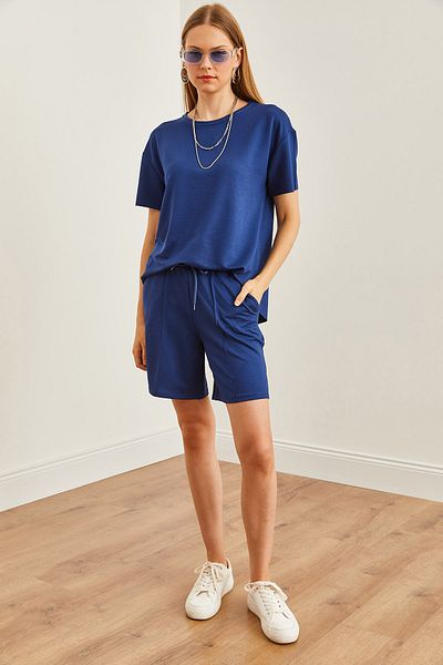 Olalook Navy Blue Women's T-Shirt and Shorts Set - Oval Cut, Pocketed TKM- 19000303