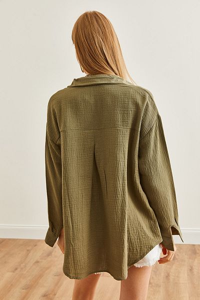 Olalook Khaki Color Oversize dámská mušelínová košile - GML- 19001217