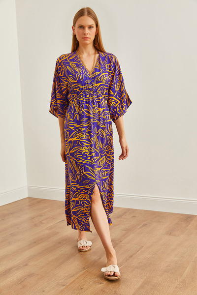 Olalook Purple Orange Double Breasted Collar - Elastic Waist Slit Women's Woven Dress ELB- 19002241