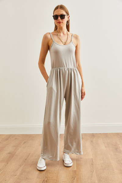 Olalook Gray Soft Textured Women's Jumpsuit - Elastic Waist, Strap TLM- 19000155
