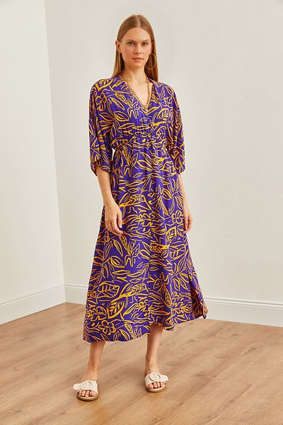 Olalook Purple Orange Double Breasted Collar - Elastic Waist Slit Women's Woven Dress ELB- 19002241