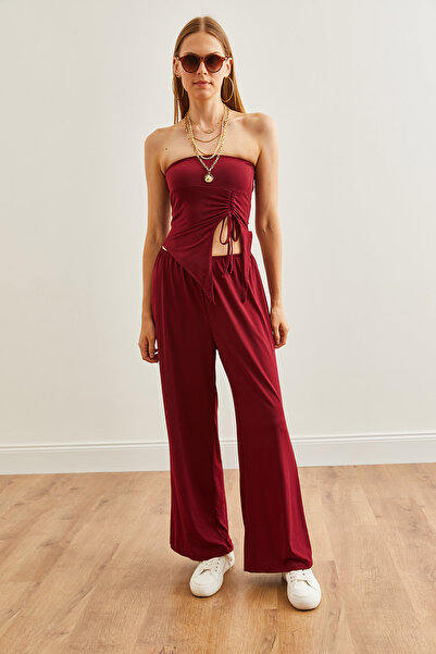 Olalook Burgundy Strapless Asymmetrical Blouse and Palazzo Pants Women's Set - TKM- 19000299