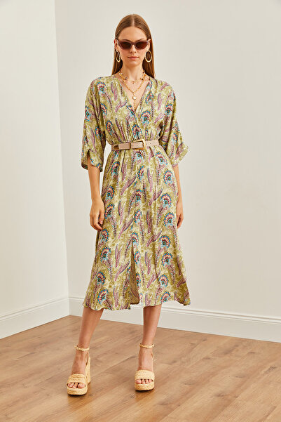 Olalook Kadın Su Yeşili Kruvaze Yaka Beli Lastikli Yırtmaçlı Dokuma Elbise ELB-19002239