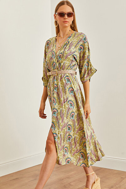 Olalook Νερό Πράσινο Γυναικείο Φόρεμα με Διπλό Γιακά και Σχιστό Ελαστική Μέση - ELB- 19002239