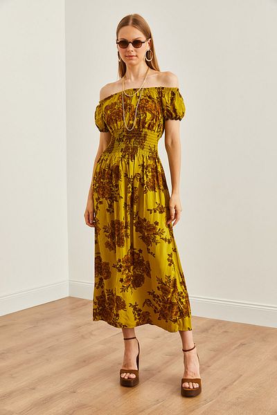 Olalook Oil Green Midi Viscose Dress - Madonna Collar and Gipeli Waist ELB- 19002240
