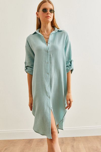 Olalook Wassergrünes Musselin-Hemdkleid - ovaler Seitenschlitz, ELB- 19002243
