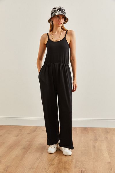 Olalook Schwarzer, weich strukturierter Damen-Jumpsuit mit Trägern - TLM- 19000155