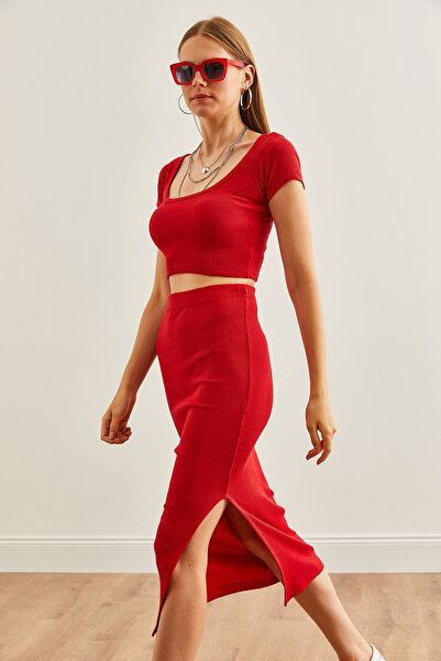 Olalook Red Women's Crop Blouse and Slit Pencil Skirt Set - TKM- 19000300