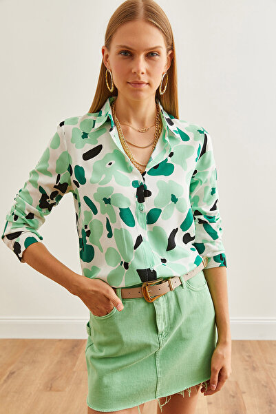 Olalook Cămașă albă din viscoză mentă - mâneci pliate, GML- 19000559