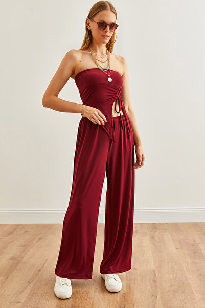 Olalook Burgundy Strapless Asymmetrical Blouse and Palazzo Pants Women's Set - TKM- 19000299