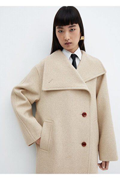 MANGO Płaszcz damski beżowy - 57078268