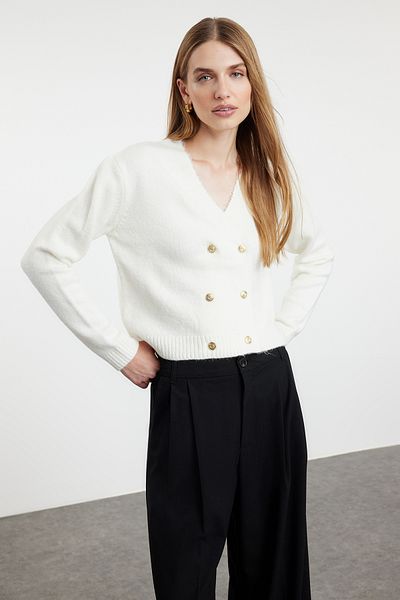 Trendyol Collection Soft Textured Ecru Knitwear Cardigan - Double Breasted Collar Twoaw25Hi00052