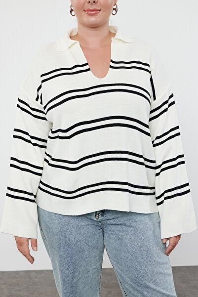 Trendyol Curve Екрю смугастий поло з коміром-стійкою TBBAW24AN00013