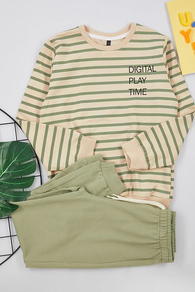 TRENDYOLKIDS Boy's Mint Thin Striped Seasonal Cotton Suit - Tkdaw25Au00003