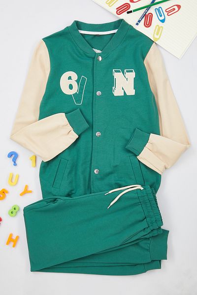 TRENDYOLKIDS Boys Green Seasonal Thin Bomber Jacket and Sweatpants Set - Cotton Knitted Tkdaw25Au00007