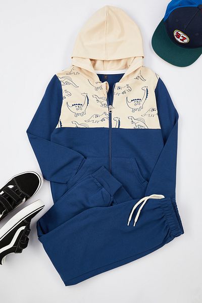 TRENDYOLKIDS Indigo Boy's Cotton Seasonal Suit - Thin Patterned Hoodie, Tkdaw25Au00008