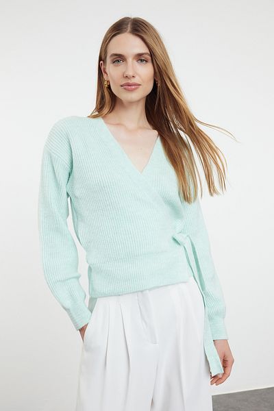 Trendyol Collection V-nyakú menta kötött kardigán - puha textúrájú TWOAW24HI00282
