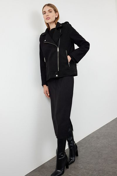 Trendyol Collection Black Regular Stamp Biker Slim Jacket Coat Twoaw25Mo00131