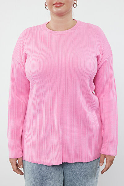 Trendyol Curve Růžový úpletový svetr Crew Neck - Žebrovaný TBBAW25AN00043