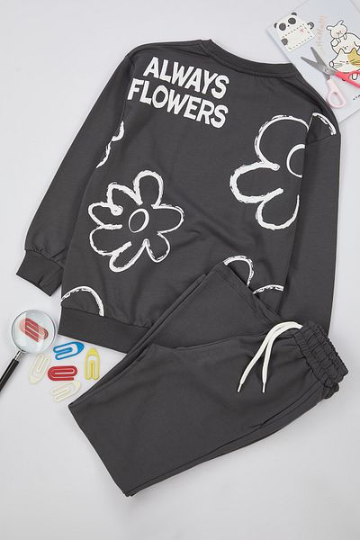 TRENDYOLKIDS Anthracite Thin Floral Patterned Cotton Suit for Girls - Tkdaw25Au00010