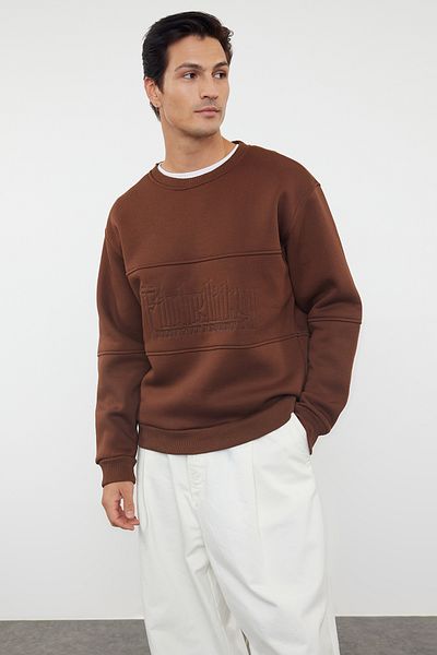 Trendyol Collection Φούτερ με φλις κεντημένο oversize - Καφέ TMNAW25SW00086