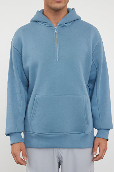 Trendyol Collection Hanorac supradimensionat din fleece albastru cu glugă - Fermoar TMNAW25SW00050