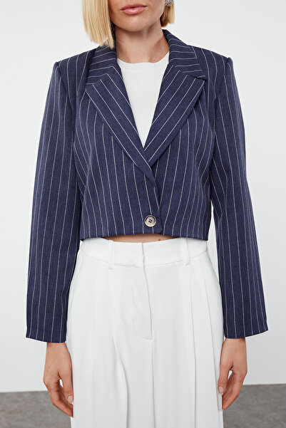 Trendyol Collection Navy Blue Striped Regular Crop Blazer - TWOSS23BC00029