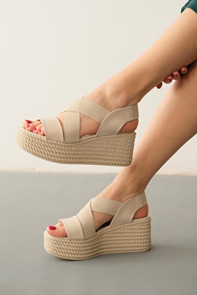 TOPUK Diana Tan Cross-Strapped Elastic Wedge Heel Sandals