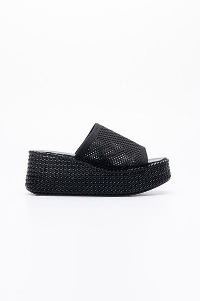 TOPUK Jodie Black Wedge Sole - Thick Band Slippers with Hole Detail
