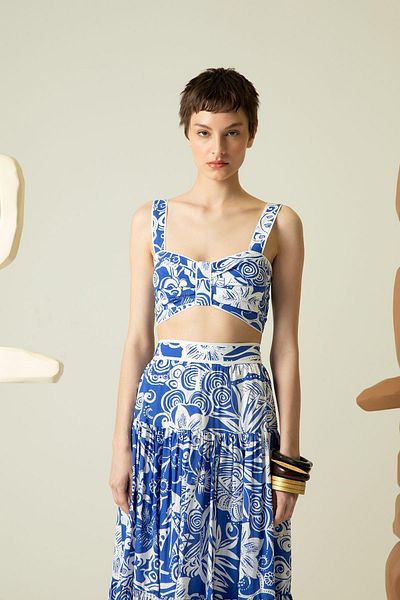 Rue Studio Crop Top albastru - Curea cu detaliu încrețit în față