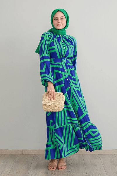 InStyle Green Viscose Dress - Striped and Belted