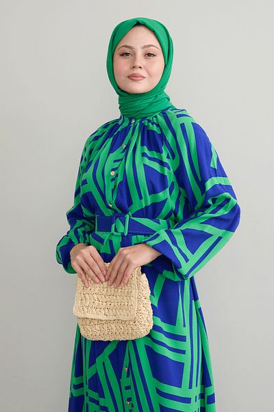 InStyle Green Viscose Dress - Striped and Belted