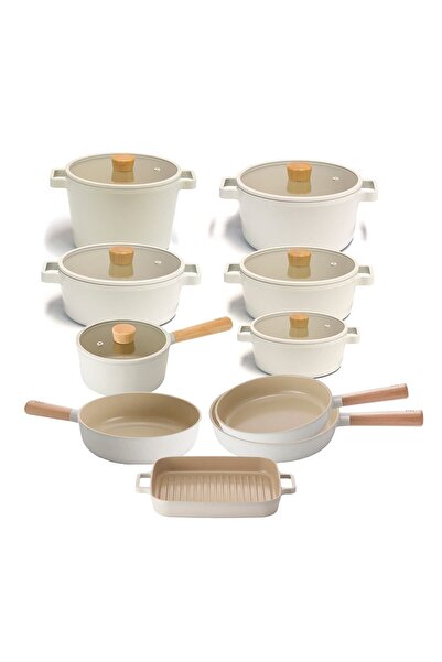 NEOFLAM Fika Alüminyum Döküm Cam Kapaklı 16 Parça Tencere & Tava Seti 18c18s2...