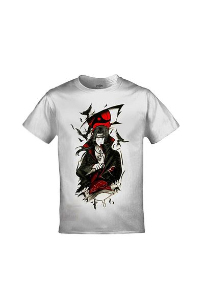 Orijin Tekstil Λευκό μπλουζάκι Naruto Akatsuki Itachi Uchiha Crows Printed Unisex