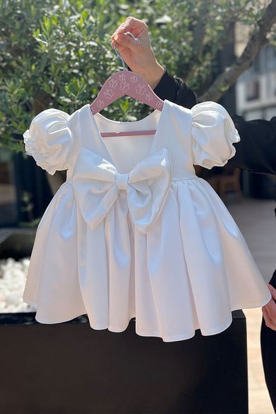 Bertuğ Bebek Satin Off-White - Balloon Sleeve Girl's Baby Evening Dress