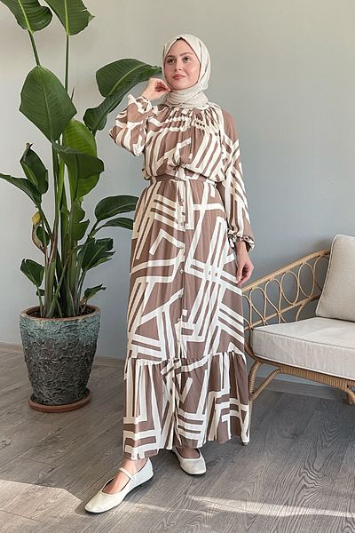 InStyle Φόρεμα Camel Viscose με ριγέ ζώνη