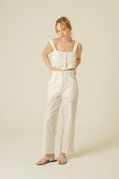 Rue Studio Екрю брюки з поясом - з гупюрними деталями