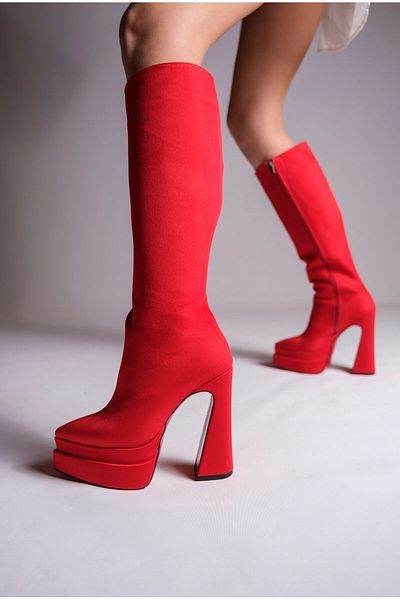 Ayakkabı Ateşi Red Suede Double Platform Design Women's Boots High Heel Shoes Jolly