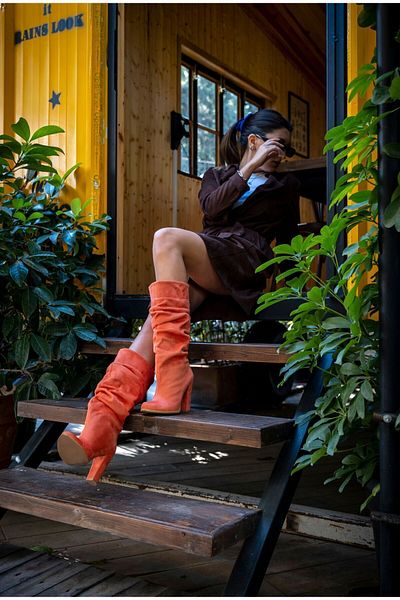 Ayakkabı Ateşi Πορτοκαλί Suede Bellows Special Design Γυναικείες Μπότες με τακούνι Alessi