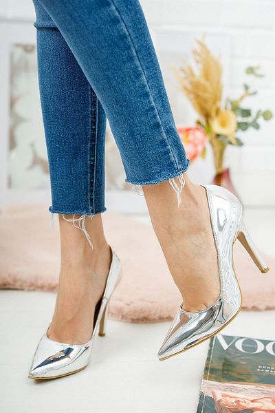 Ayakkabı Ateşi Pantofi cu toc de damă cu vârf ascuțit argintiu strălucitor Stiletto