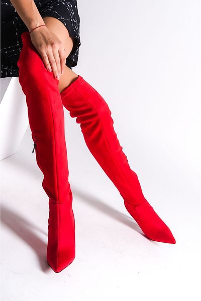 Ayakkabı Ateşi Cizme de dama cu design elastic din piele intoarsa rosie Pantofi cu toc inalt Anjelika