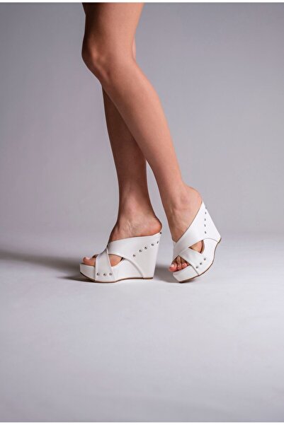 Ayakkabı Ateşi Sareks White Skin - Silver Trok Wedge Heeled Slippers