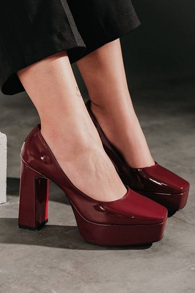 Ayakkabı Ateşi Claret Red Patent Leather Women's Thick Heeled Shoes Ecovan